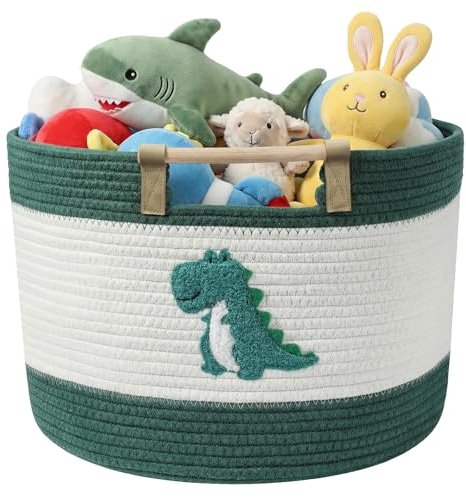 Toy Storage Basket with Wooden Handles, 19 L Woven Cotton Rope Storage Basket with Dinosaur Decor, Multifunctional Baskets for Stuffed Animals, Toys Organizer Baskets for Bedroom, Laundry, Nursery