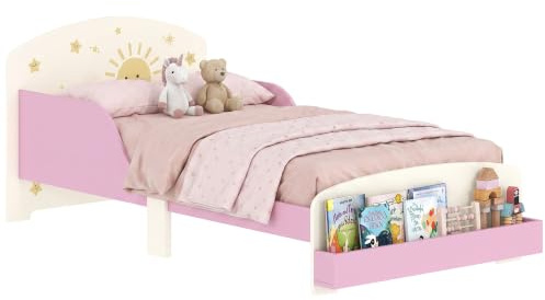 AIYAPLAY Lit Enfant 70x140cm avec Barrière de Sécurité Motif Étoile Rose | Sommier à Lattes en Bois, Espace de Rangement, pour Garçons et Filles 3 a 8 Ans, Matelas Non Inclus