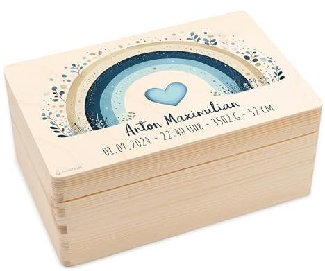 Erinnerungsbox Baby personalisiert - Geburtsgeschenk Junge mit Namen und Datum - Babykiste Holz 30x20x14cm - Geschenk Neugeborenes Junge zur Geburt Taufe - Boho Regenbogen