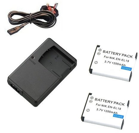 Charger and 2Pcs Battery for Nikon COOLPIX S4100, S4150, S4200, S4300, S4400, S5200, S5300, S6400, S6500, S6600, S6700, S6800, S6900 and S7000 Camera - Charger for EN-EL19