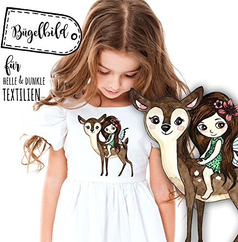 ilka parey wandtattoo-welt® Bügelbild süße Fee Bügelbilder Applikation Elfe Fee mit Rehkitz bb029