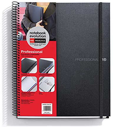 Miquelrius - Notizbuch A4 Evolution Professional 120 Blatt 70 g/m², 100 Raster + 20 Blanko, schwarzer Polypropyleneinband, Gummiverschluss, Kartontasche und 3 bewegliche Trennblätter (1 mit Lineal)