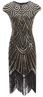 shoperama 20er Jahre Charleston Kleid Pailletten Fransen Flapper Gatsby 20's Fransenkleid Damen-Kostüm, Größe:L, Farbe:Schwarz/Gold