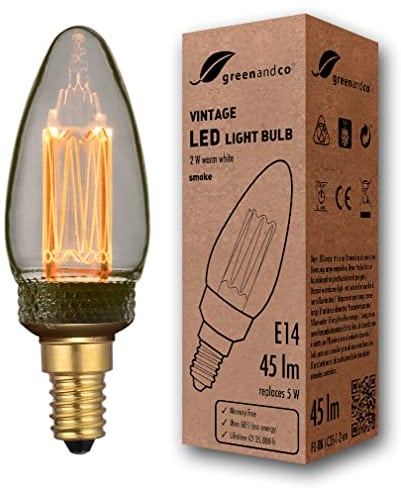 greenandco LED Vintage Glühbirne zur Stimmungsbeleuchtung | E14 C35 | smoke | 2W 45lm | 1800K extra warmweiß | 320° | 230V | flimmerfrei | nicht dimmbar | Edison Glühbirne