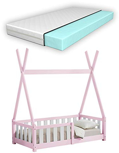 [en.casa] Kinderbett Helsingborg 70 x 140 cm mit Matratze und Rausfallschutz Lattenrost Tipi Zelt Jugendbett Bettgestell Kiefernholz Holzbett für Kinder Rosa