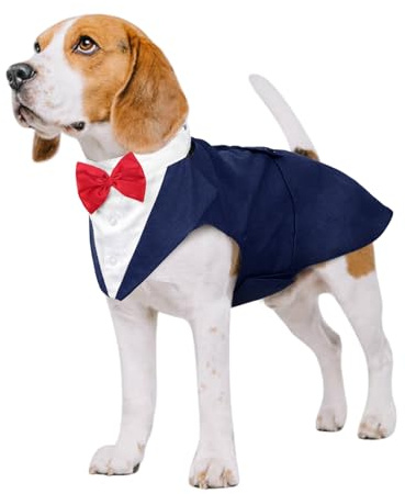 Kuoser Hund Smoking Anzug & Bandana Set, Haustier Fomal Kleidung, Blau M | Hunde Mantel mit Abnehmbarer Fliege, Hundeanzug Welpe Kostüm Shirt für Hochzeit Halloween Geburtstag Party，leicht & bequem