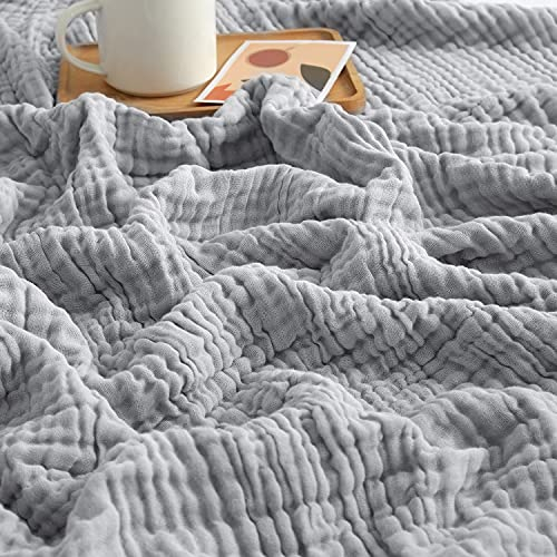 EMME Baumwolldecke 100% Musselin Decke Erwachsene, 6 Layer, 152 x 203 cm,Sofadecken Atmungsaktive Weiche Decke Alle Jahreszeiten Vorgewaschen Couch Decken Baumwolle Tagesdecke, hellgrau