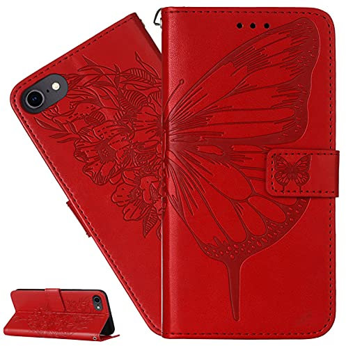 LEMAXELERS iPod Touch 5 / iPod Touch 6/7 Hülle,Für iPod Touch 5 Handyhülle Geprägt Schmetterlings Blume Flip Case PU Leder Cover Magnet Schutzhülle Ständer Handytasche für iPod Touch 5,YB Die Red