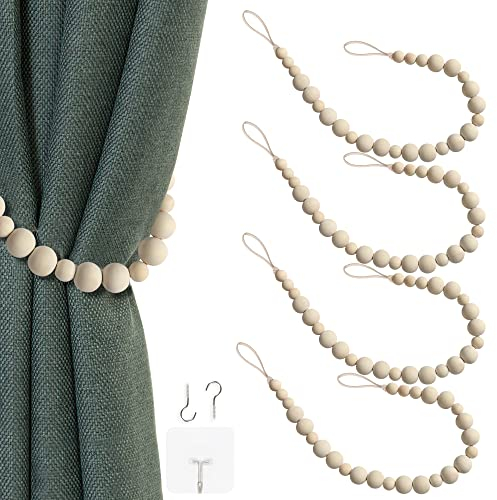 OCIOLI 4 Stück Holzperlen Vorhang Raffhalter Boho Vorhang Raffhalter Vorhang Halter für Wand Bauernhaus Vorhang Raffhalter Fensterbehandlung Vorhang Raffhalter mit Haken Gardinenhaken (4, Holz)