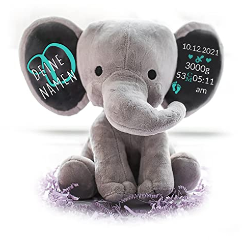 Personalisierte Geschenke Baby Elefant Junge Kuscheltier Mädchen Plüsch Geschenkidee zur Geburt & Taufe personalisiert mit Namen Geburtsdaten Taufspruch (Grau)