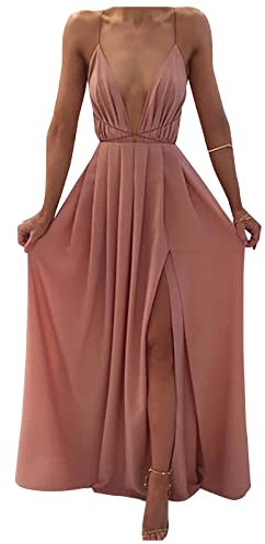 Robe Femme bretelle décolleté plongeant volant fendue cotes tulle dos nu col v Plage Club Cocktail Mariage Sexy Vintage Soiree Mi Longue Retro Ceremonie Chic Fluide Taille Haute Elegant Boheme Ete
