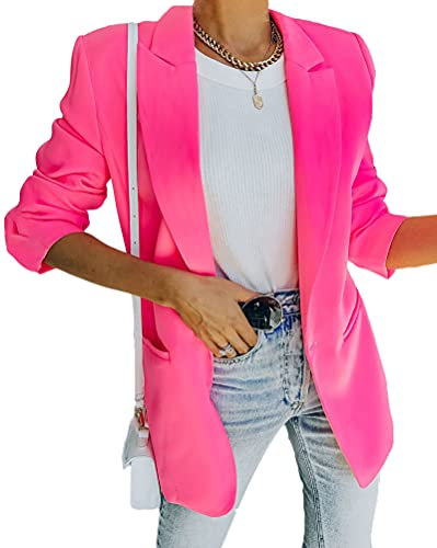 Onsoyours Donna Blazer Basic Tinta Unita Elegante Ufficio Business Tailleur OL Carriera Tailleur Giacca Cardigan Autunno e Inverno Fucsia M
