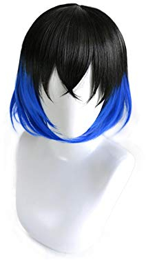 Anime Hashibira Inosuke Cosplay Black Blue Short Wig Kimetsu no Yaiba Heat-resistant Fiber Hair + Wig Cap Party