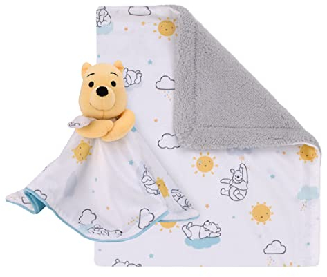 Disney Winnie Puuh Babydecke und Sicherheitsdecke, superweiche Sherpa-Babydecke und Sicherheitsdecke, Weiß, Gelb und Aqua, Sonnenschein und Wolken, 2-teiliges Set