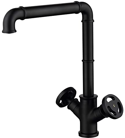 Robinet cuisine industriel Style pipe noir vintage Robinets en laiton double volant eau froide et chaude Mitigeur mitigeur à 360° Bec pivotant pour évier cuisine avec accessoires de montage fournis