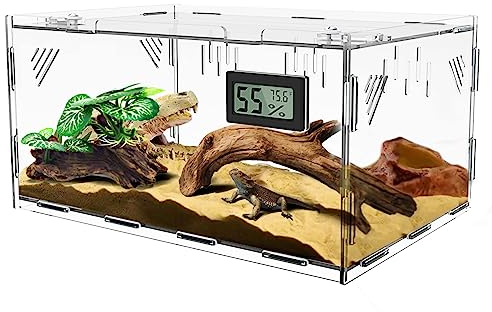 Ghims Reptilien-Terrarium, 40 x 24 x 18 cm, Acryl, mit Temperatur-Hygrometer, für kleine Reptilien, Insekten, Heimbüro