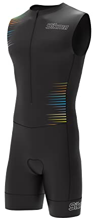 Fahrrad-Skinsuit für Herren, mit Gel gepolstert, einteilig, Trisuit, kurz, sublimiert, einzigartiges Design, Trägerhose (ärmellos, Schwarz, mehrfarbig, XL), Ärmellos, Schwarz, mehrfarbig, XL