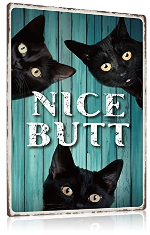 ZDFDC Schwarze Katze Vintage Blechschilder mit Lustig Spruch - NICE BUTT - Retro Katzen Metall-schild Poster Wanddeko für Bade-zimmer WC Toilette Gästebad klo 20x30cm