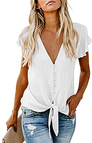 Blouse Femme Chic et élégant, Chemise Femme ete,Shirts à Manches Courtes Femme Sexy en V Profond T-Shirts de Couleur Unie de la Mode Boutonné Tunique Noué Devant Slim Tops Décontractés