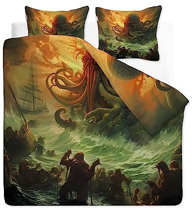 CLOXKS Sommer Bettwäsche 200x220 Cthulhu, Monster Mikrofaser Bettbezug Set mit 1 Wendebettwäsche Weich Bügelfrei und 2 Kissenbezüge 80x80cm