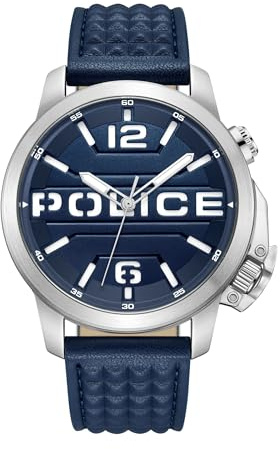 Police Automated Uhr für Herren in der Farbe Blau mit Armband aus Leder, Wasserdichtigkeit: 5 bar, Gehäusedurchmesser: 44 mm, PEWJD0021702