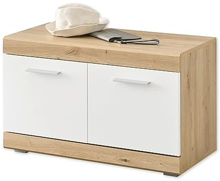 Stella Trading NOLA Schuhbank in Artisan Eiche Optik, Weiß Hochglanz - Moderne Sitzbank mit Stauraum für Ihren Flur - 80 x 49 x 38 cm (B/H/T)