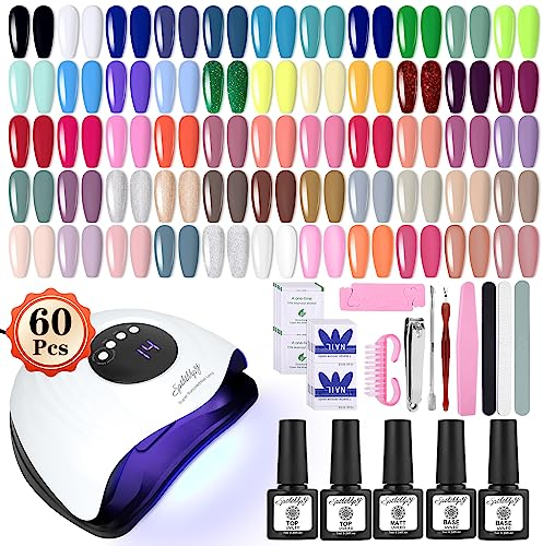 SPTHTHHPY 60 Gel Nail Polish Set with Lamp Starter Kit - 55 Colors Gel Nail Polish with 5 Bottles of Base and Top Coat (Glossy, Matte) - Diy Manicure Tool Gift for Beginners at Home