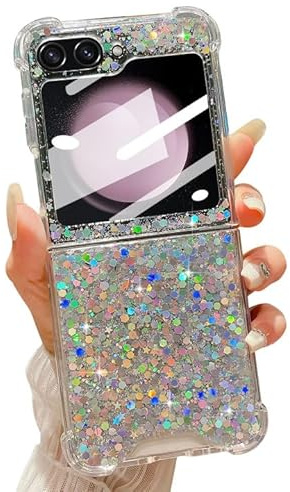 LCHULLE Designed for Samsung Galaxy Z Flip 5 Case,Girly Women Glitter Bling Bumper Shockproof Phone Case Ultra-Thin Hard PC Back Soft TPU Frame Cover for Samsung Z Flip 5 5G(2023)-Silver