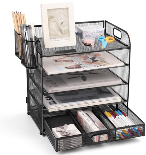 Mesh Letter Tray Organiser, Office Desk Tidy Organiser File Document Holder A4 Paper Filing Trays for Home Office School (Mesh Metal-5 Tier+Drawer+Pen Holder)
