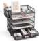 Mesh Letter Tray Organiser, Office Desk Tidy Organiser File Document Holder A4 Paper Filing Trays for Home Office School (Mesh Metal-5 Tier+Drawer+Pen Holder)