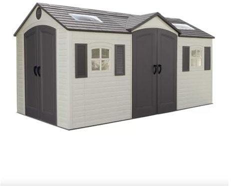 AOKLEY Grey Plastic & Metal Modern Storage Shed With French Doors, Double Windows, Corner Shelves