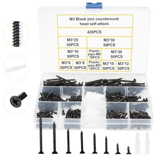 TAIANJI Wood Screws Assortment 420 Pcs, M3 Countersunk Black Screws Cross Pan Head Wood Screw Multi Use High Performance Self Tapping Assorted and Expansion Plugs