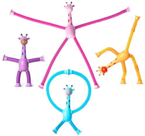 JZK 4X Juguete Jirafa Ventosa con extremidades largas y Flexibles, Juguete Tubo Pop Animal para niños jardín Infantes, Tubo elástico antiestrés Juguete sensorial para niños pequeños 2 3 4 5 6 años