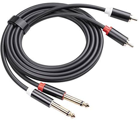 HUIOP Dual 1/4'' TS to Dual RCA Audio Interconnect Cable 2×6.35mm Male TS to 2 RCA Male Adapter Wire Cord Gold Plated Plug+Aluminum Alloy Shell 5FT,1/4 TS to RCA Cord,Aluminum Alloy Shelled Cable,6.3