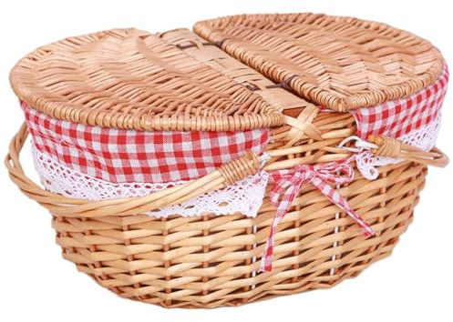 Panier de pique-nique Grand panier en osier avec doubles poignées pliantes et couvercles Panier vide en osier avec doublure amovible Panier tissé rustique pour pique-nique, collation, fruits, œufs de