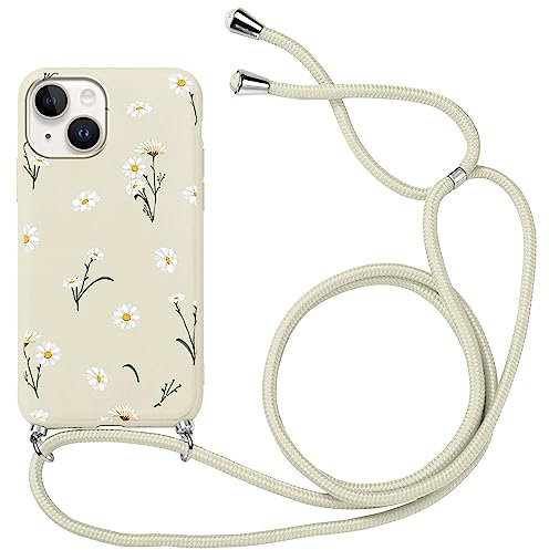 Xylota Coque Cordon pour iPhone 15 6,1, Aesthetic Motif Fleur Filles Étui Laniere Collier Réglable Corde Case, Mince Silicone TPU Bumper Antichoc Lanyard Housse Cover pour iPhone 15, Beige
