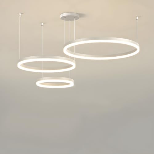 WayLuoung Metall LED Kronleuchter | 3 Kreise 20+40+60cm | 45W Rings Deckenhängelampe, Dimmbare Fernbedienung 3000–6000K, Acryl Schirm Pendelleuchte, Wohnzimmer Schlafzimmer Foyer Esszimmer【Weiß】