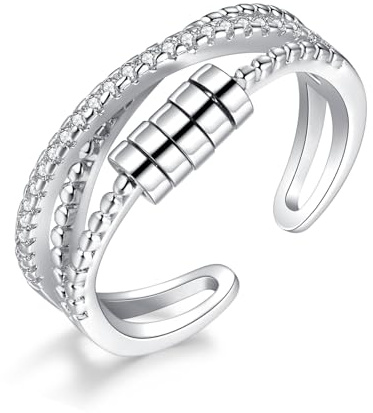Josfeva Silber Anxiety Ringe, 925 Sterling Silber Angst Ring, Offen Einstellbar Anti Stressring Dekompressionsring, Welle Kreuz Angstring Fidget Ringe, Verstellbar Zappelring für Anxiety Damen Mädchen