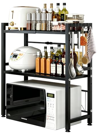 Erweiterbares Mikrowellenregal 40–63cm, 2-stufig Küchenorganizer mit Haken | Toasterregal für Küchenarbeitsplatte, flexibel ausziehbar, stabiler Küchengeräte-Ständer, Tragkraft 75 kg（Schwarz）