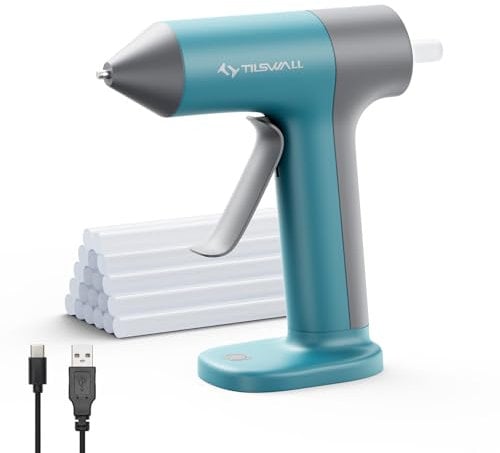 Pistola per colla a caldo senza fili Tilswall, mini pistola per colla e set di stick con batteria ricaricabile di tipo C da 2000 mAh, spegnimento intelligente, ideale per lavori fai da te, blu
