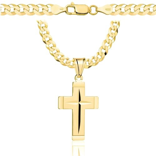 PRAGNA goldkette herren mit kreuz 585, Kette Herren 925/585 - kreuz kette herren gold 585 massiv - 5 mm, Kreuz Kette - Kreuzkette - Halskette Herren Panzerung (70 cm, ketten für herren gold 5 mm - 7)
