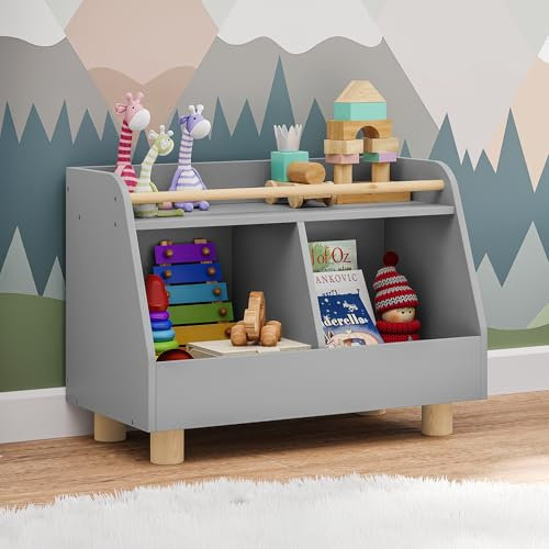 Bellabino Belly Bücherregal Kinder – Kinderregal mit 2 Fächern – Montessori Spielzeugregal mit Ablagefläche – Spielzeug Aufbewahrung Kinder Grau/Natur – Kinderzimmer Möbel aus Holz 52x38x72 cm