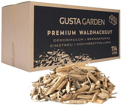 GUSTA GARDEN Premium Waldhackgut – Nachhaltig Produziert in Österreich | Umweltfreundliche Alternative zu Mulch und Hackschnitzel | 114L Karton
