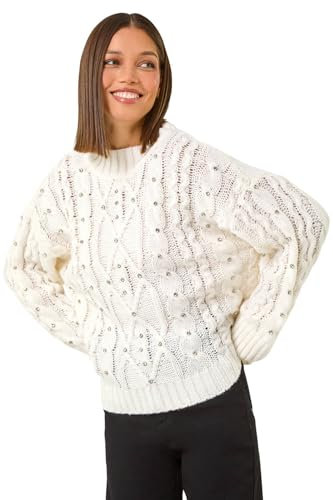 Roman Originals Diamante Cable Knit Jumper for Women UK - Ladies Everyday Autumn Winter Funnel Neckline Comfy Soft Evening Vacation Work Party Night Out - Ivory - Size 12