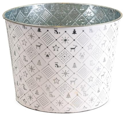 Runder Pflanztopf Winterdeko, Pflanzkübel in Ø 16 x 14,5 cm, Silber - Metall Pflanzschale als Weihnachtsdeko - Dekorative Blumenschale für Zimmerpflanzen, Blumentopf für Fensterbank oder Garten