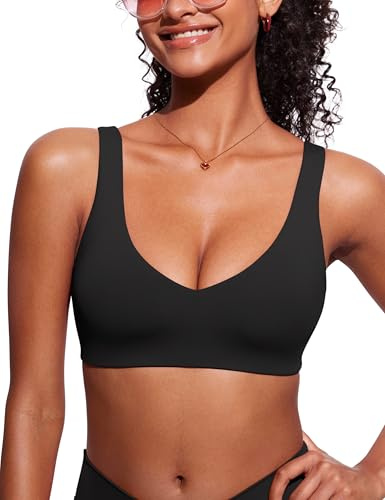 CRZ YOGA V Shaped Bikini Tops for Women - Padded Bathing Suit V Back Wide Straps Swim Bra Swimsuit Black Large