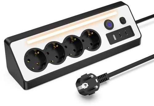 Steckdosenleiste mit USB 2 Type-C 4 Fach Mehrfachsteckdose 3680W 16A Und LED Licht 1.5M Steckerleiste Überspannungsschutz 90° Mehrfachstecker Ecksteckdose für Küche, Büro, Heim, Schwarz