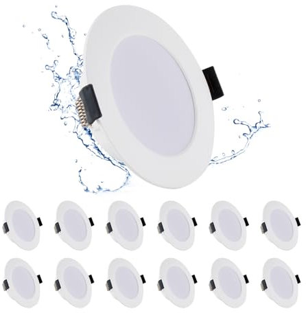 Grebeam Lot de 12 Spots LED Encastrables 5W, Spot Salle de Bain, IP44, 450LM, Ultramince 25 mm, Blanc Froid 6000K, Trous Ø75-90mm, Spots LED Plafond Rond pour Cuisine, Chambre, AC 220V-240V