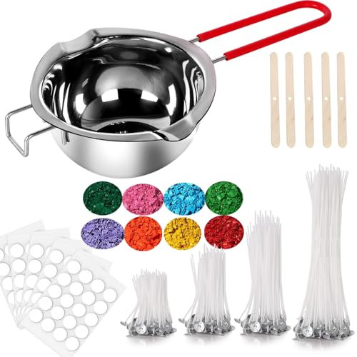 BINJCE Kerzen Selber Machen Set, Kerzenherstellung Kit, Wachsschmelztopf und 150 kerzendochte für kerzen, 8 Kerzenfarbe, Kerzen Aufkleber, 5 Dochthalter, Candle Making Kit