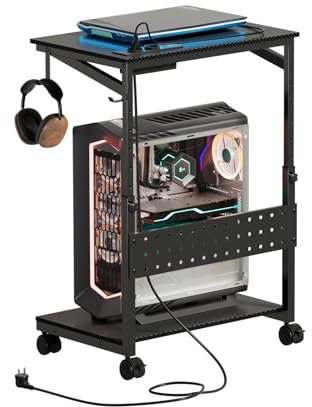 MSFE Höhenverstellbarer Computer Tower Ständer, Mobiler PC-Wagen mit Stauraum & Ladestation, Universal CPU Ständer mit Rollen, L-förmiger Schreibtisch, für Wohnzimmer,Schlafzimmer,Arbeitszimmer,Büro